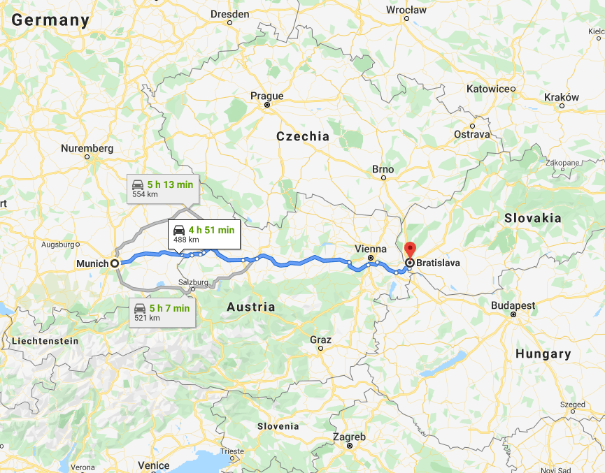 2019-12-14 09_05_30-Munich, Germany to Bratislava, Slovakia - Google Maps